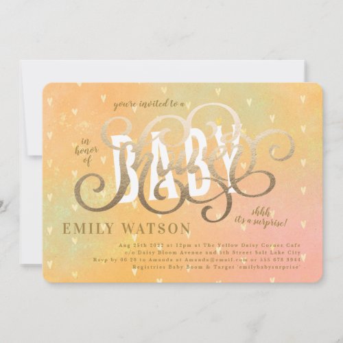 Surprise Hearts Gold Lettering Baby Shower Invitation