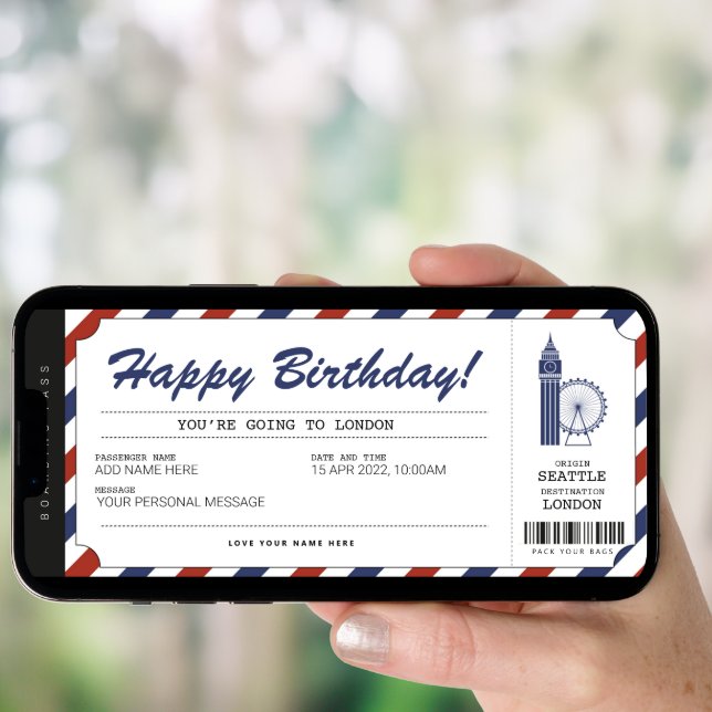 Surprise London Trip Boarding Pass Travel Ticket Invitation (Front Digital)