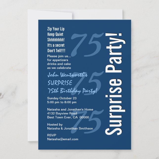 SURPRISE Modern 75th Birthday Navy Blue and White Invitation (Front)