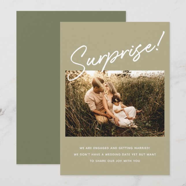 Surprise Modern Sage Green Engagement Photo Save The Date (Front/Back)