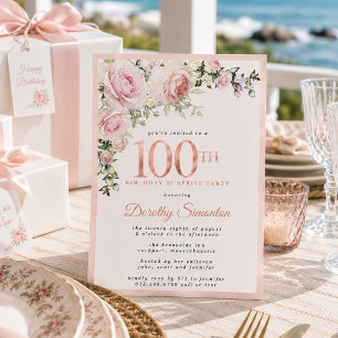 SURPRISE PARTY 100th Birthday Blush Pink Floral Invitation