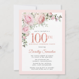 SURPRISE PARTY 100th Birthday Blush Pink Floral Invitation