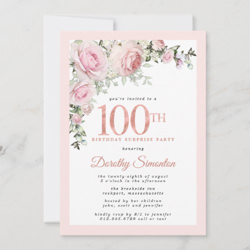 SURPRISE PARTY 100th Birthday Blush Pink Floral