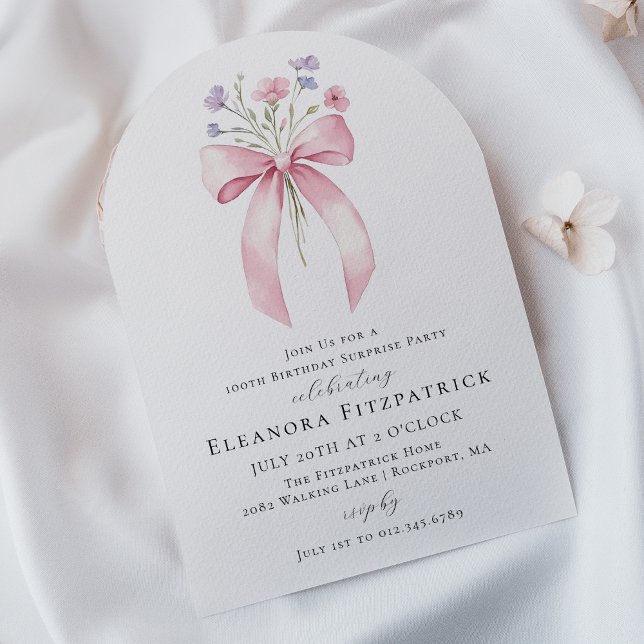 SURPRISE PARTY 100th Birthday Bow Wildflower Arch Invitation (Creator Uploaded)