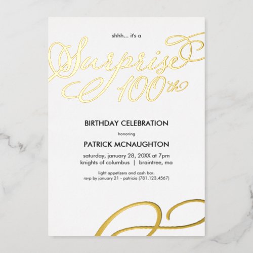 Surprise Party 100th Birthday Gold Foil Invitation