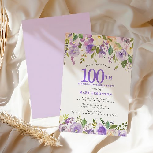 SURPRISE PARTY 100th Birthday Pretty Purple Floral