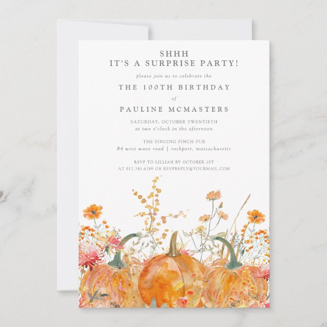 SURPRISE PARTY 100th Birthday Pumpkin Wildflower Invitation (Front)