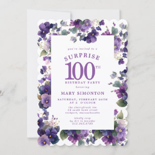 SURPRISE PARTY 100th Birthday Purple Violet Floral Invitation