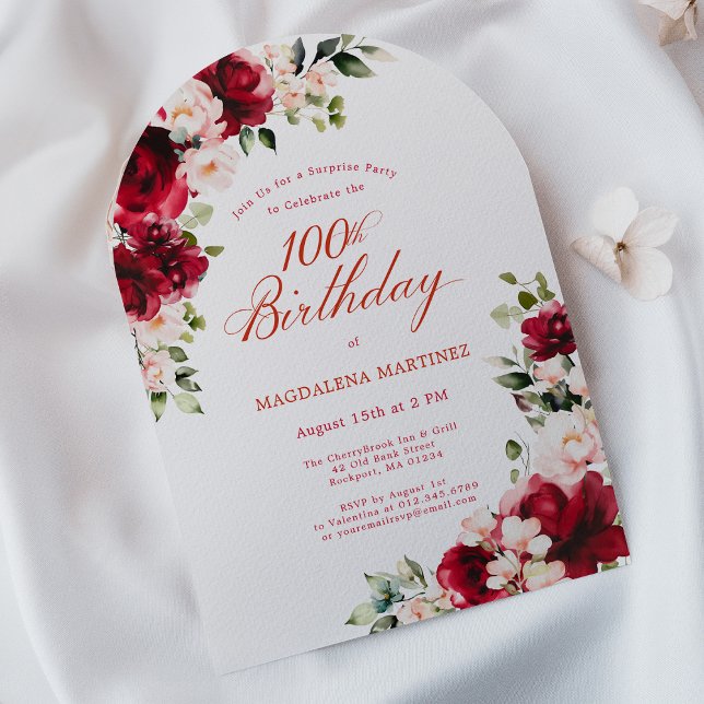 SURPRISE PARTY 100th Birthday Red Pink Floral Arch Invitation (Creator Uploaded)