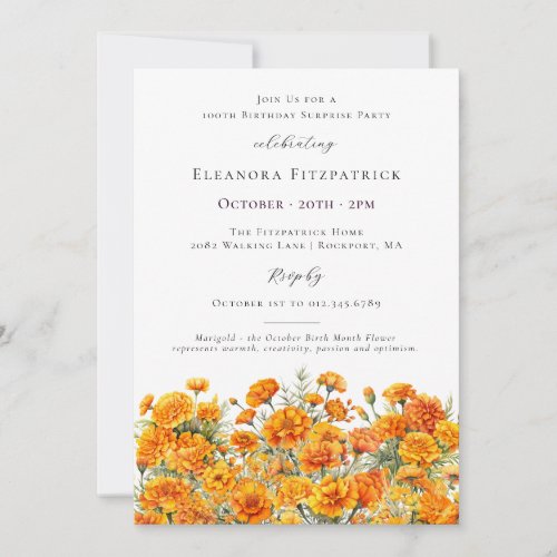 SURPRISE PARTY 100th Marigold October Birth Flower Invitation