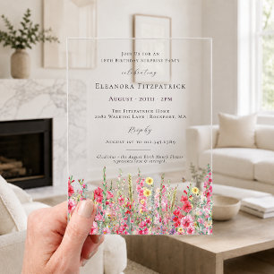 SURPRISE PARTY 18th Birthday August Birth Flower Acrylic Invitations