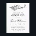 SURPRISE Party 18th Birthday Golf Theme Invitation Postcard<br><div class="desc">Elegant black and white birthday invitation for a golfer. The top of the invitation is decorated with golf accessories - a golf club, golf ball, hat and gloves. The watercolor design creates a traditional and classic aesthetic. Perfect for a birthday bash at the club or a backyard BBQ. All of...</div>