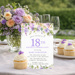 SURPRISE PARTY 18th Birthday Pretty Purple Floral Invitation
