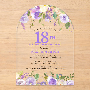 SURPRISE PARTY 18th Birthday Purple Floral Clear Acrylic Invitations
