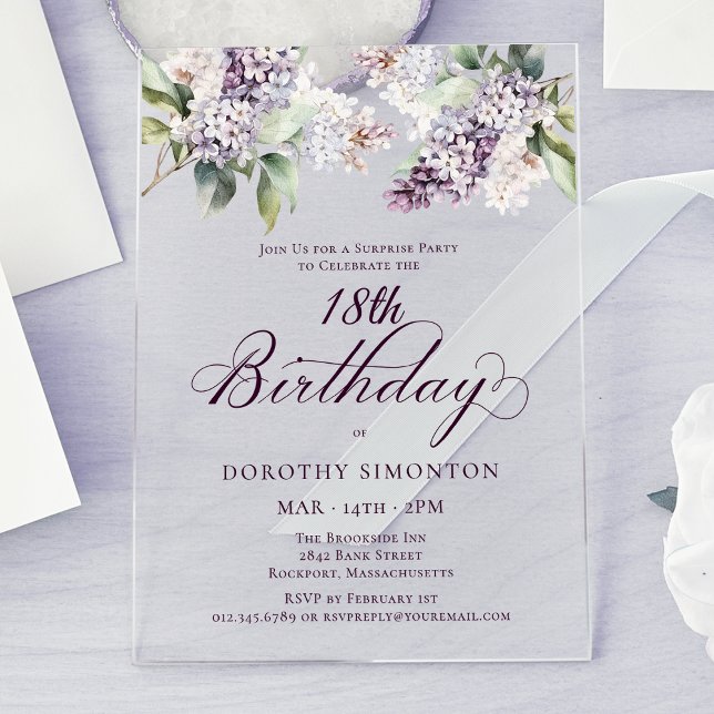 SURPRISE PARTY 18th Birthday Purple Lilac Floral Acrylic Invitations (Creator Uploaded)