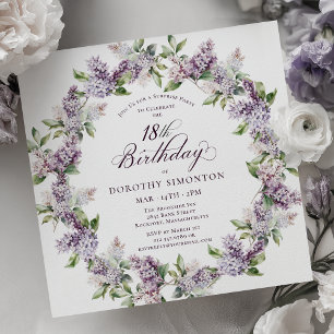 SURPRISE PARTY 18th Birthday Purple Lilac Floral Invitation