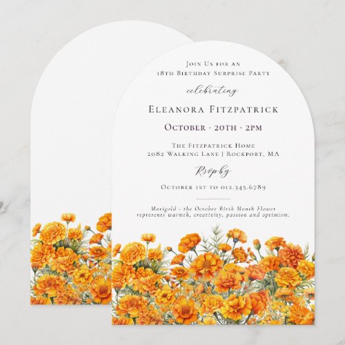 SURPRISE PARTY 18th Marigold October Birth Flower Invitation