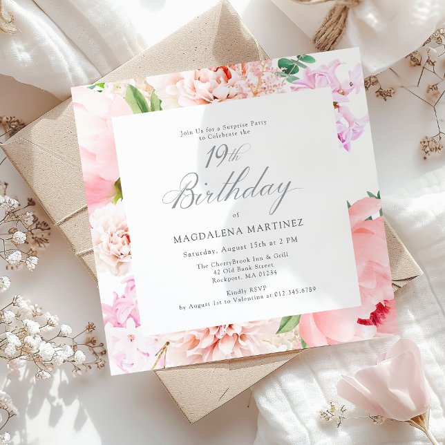 SURPRISE PARTY 19th Birthday Pink Floral Square Invitation (Creator Uploaded)