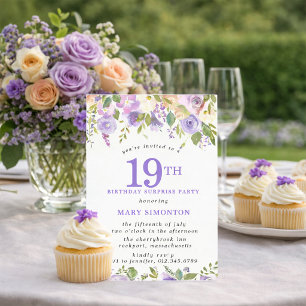SURPRISE PARTY 19th Birthday Pretty Purple Floral Invitation