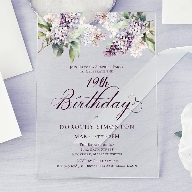 SURPRISE PARTY 19th Birthday Purple Lilac Floral Acrylic Invitations (Creator Uploaded)