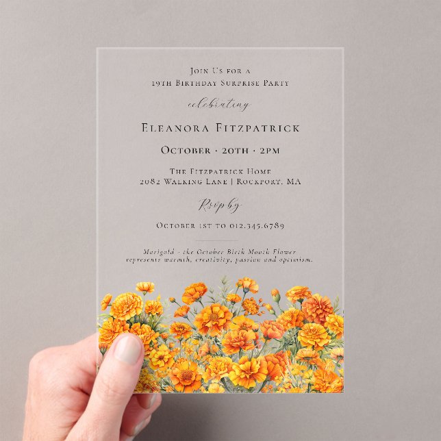 SURPRISE PARTY 19th Marigold October Birth Flower Acrylic Invitations (Insitu (Handheld))