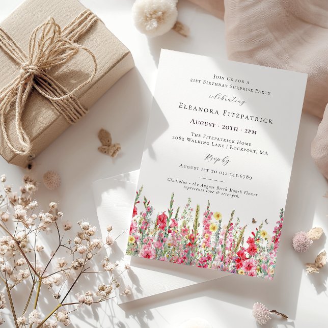 SURPRISE PARTY 21st Birthday August Birth Flower Invitation (Creator Uploaded)