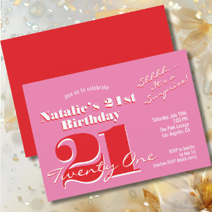 SURPRISE PARTY 21st Birthday Pink Red Minimalist Invitation