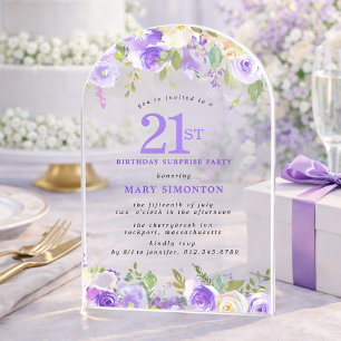 SURPRISE PARTY 21st Birthday Purple Floral Clear Acrylic Invitations