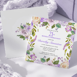 SURPRISE PARTY 21st Birthday Purple Floral Square Invitation