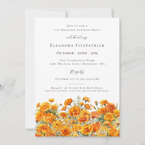 SURPRISE PARTY 21st Marigold October Birth Flower Invitation