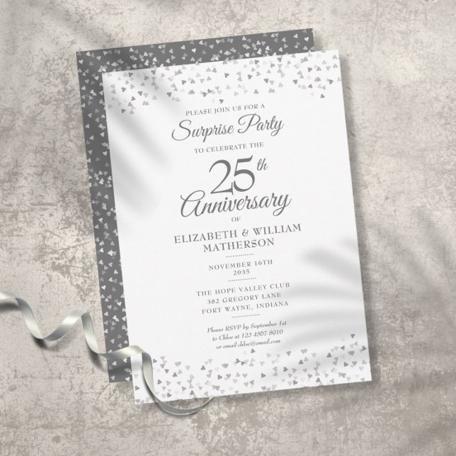Surprise Party 25th Anniversary Silver Love Hearts Invitation