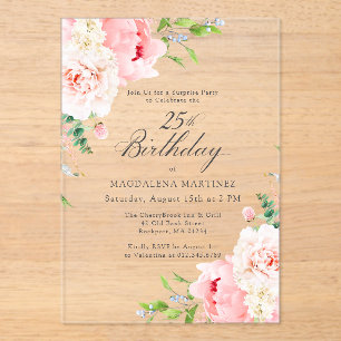 SURPRISE PARTY 25th Birthday Pink Peony Floral Acrylic Invitations