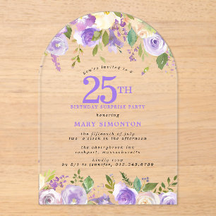 SURPRISE PARTY 25th Birthday Purple Floral Clear Acrylic Invitations