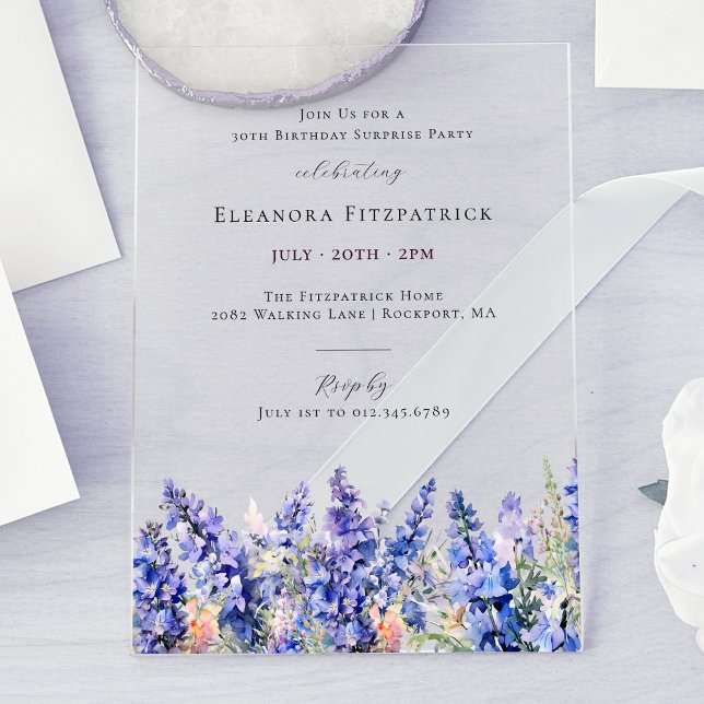 SURPRISE PARTY 30th Birthday July Birth Flower Acrylic Invitations (Creator Uploaded)