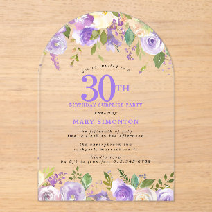 SURPRISE PARTY 30th Birthday Purple Floral Clear Acrylic Invitations