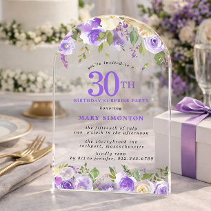 SURPRISE PARTY 30th Birthday Purple Floral Clear Acrylic Invitations