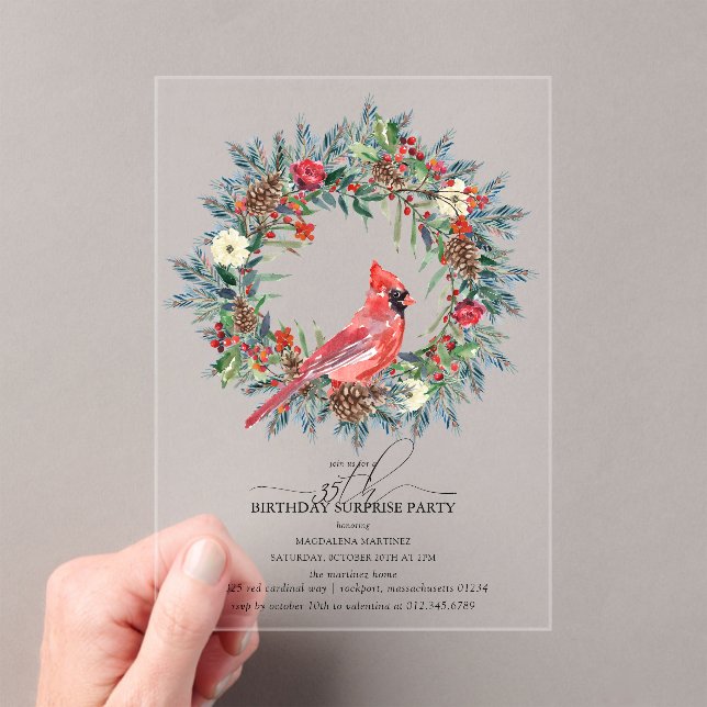 SURPRISE PARTY 35th Birthday Cardinal Wreath Acrylic Invitations (Insitu (Handheld))