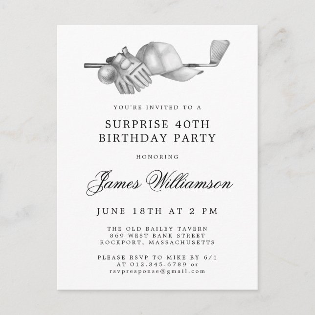 SURPRISE Party 40th Birthday Golf Theme Invitation Postcard (Front)