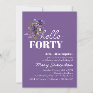 SURPRISE PARTY 40th Birthday Purple Floral Bouquet Invitation