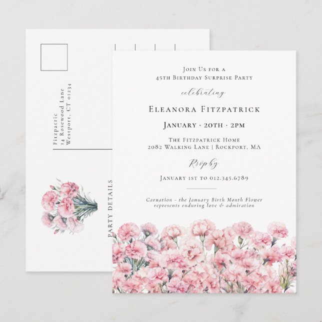 SURPRISE PARTY 45th Birthday January Birth Flower Invitation Postcard (Front/Back)