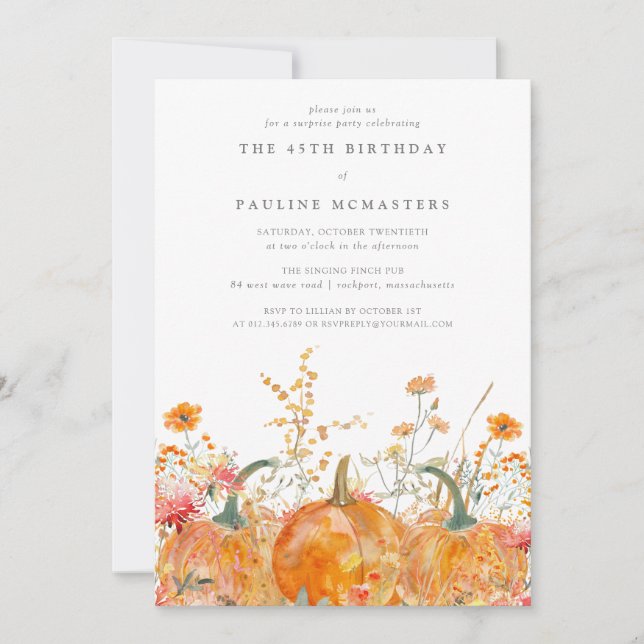 SURPRISE PARTY 45th Birthday Pumpkin Wildflower Invitation (Front)