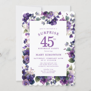 SURPRISE PARTY 45th Birthday Purple Violet Floral Invitation