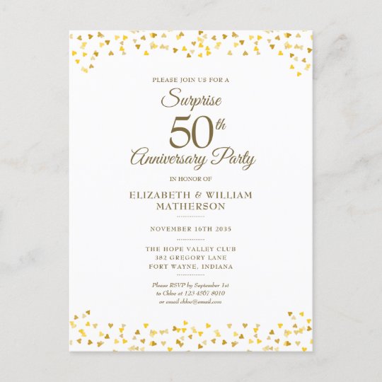 Surprise Party 50th Anniversary Golden Hearts Announcement Postcard ...