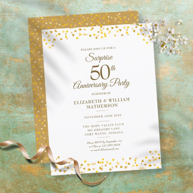 Surprise Party 50th Anniversary Golden Hearts  Announcement Postcard (Creator Uploaded)