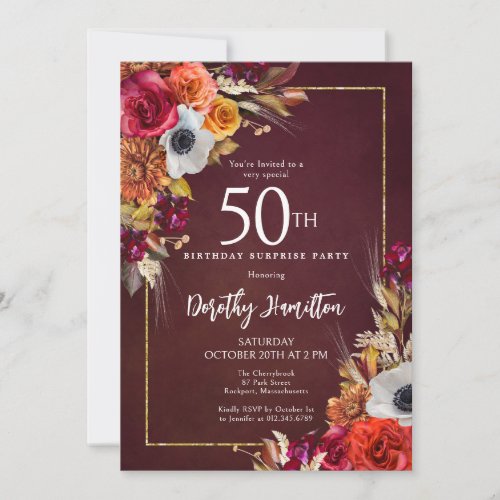 SURPRISE PARTY 50th Birthday Burgundy Fall Flowers Invitation