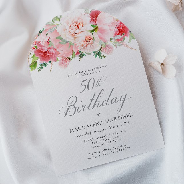 SURPRISE PARTY 50th Birthday Elegant Pink Peony Invitation (Creator Uploaded)