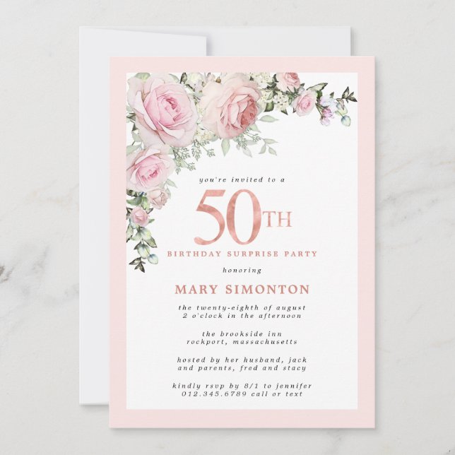 SURPRISE PARTY 50th Birthday Pink Rose Floral  Invitation (Front)