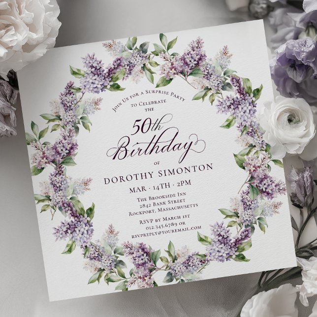 SURPRISE PARTY 50th Birthday Purple Lilac Floral Invitation (Creator Uploaded)