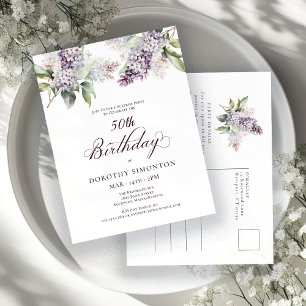 SURPRISE PARTY 50th Birthday Purple Lilac Floral Invitation Postcard