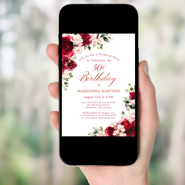 SURPRISE PARTY 50th Birthday Red Pink Floral Invitation (Front Digital)